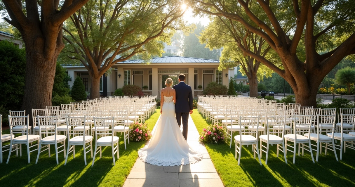 Casamento ao ar livre com decoração delicada e convidados em cadeiras brancas no jardim do spa 