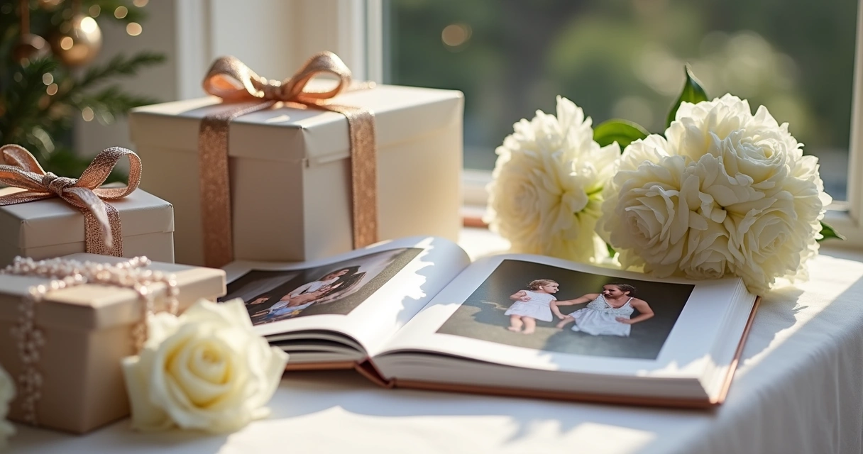 Mesa de casamento com presentes e álbum personalizado 