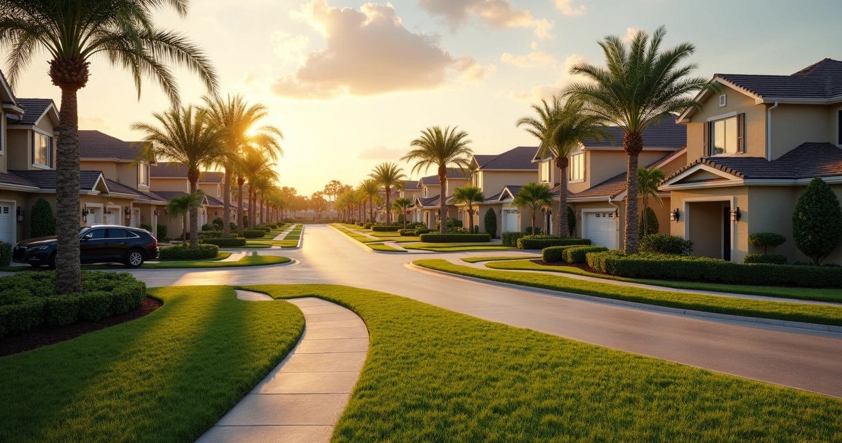 Casas residenciais modernas em Orlando, Flórida, com gramados bem cuidados. 