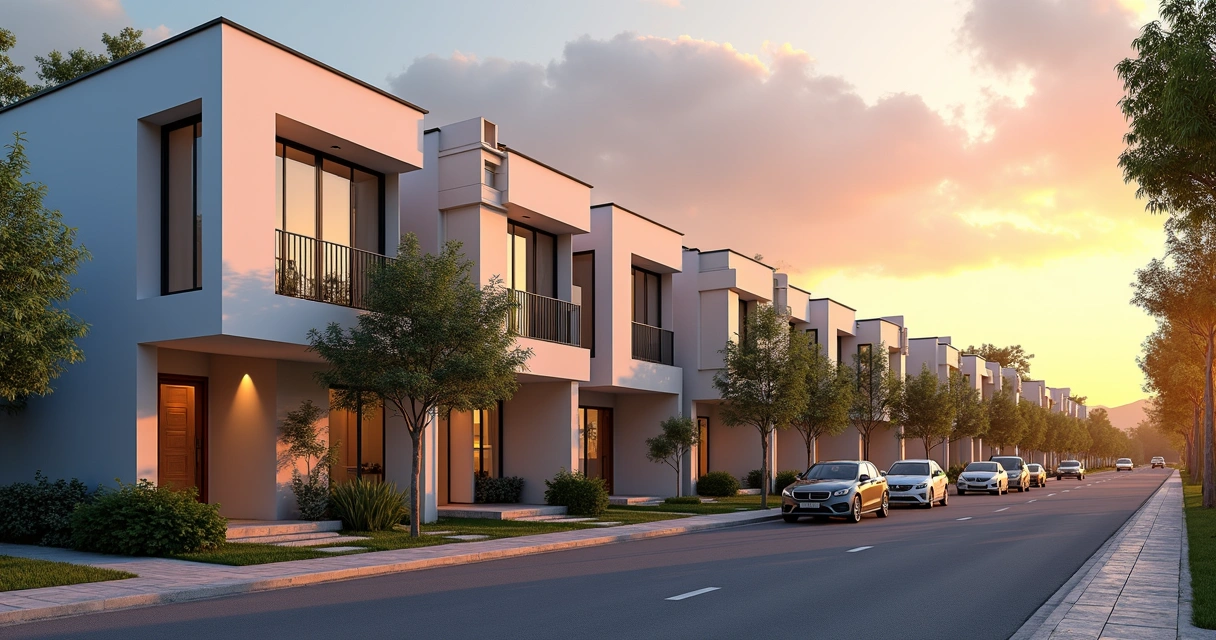 Conjunto de casas geminadas modernas em bairro residencial de Paulínia ao entardecer 