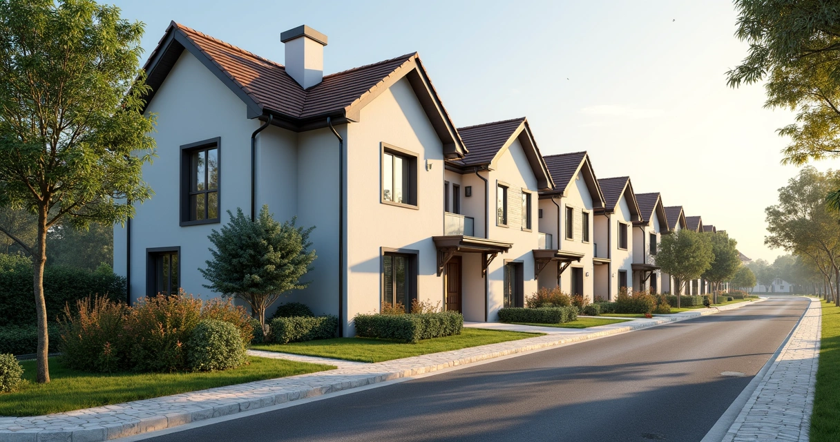 Fachadas de casas geminadas lado a lado em rua tranquila de Paulínia. 