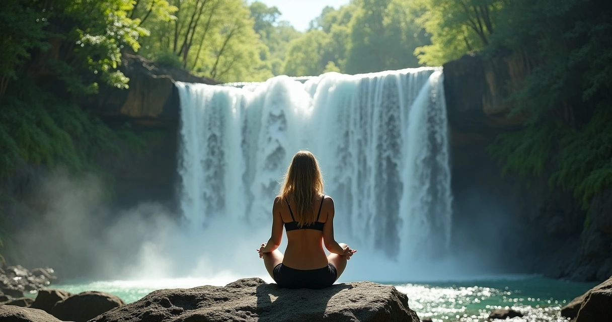 Mujer frente a una cascada en un entorno natural, transmitiendo serenidad y fortaleza 