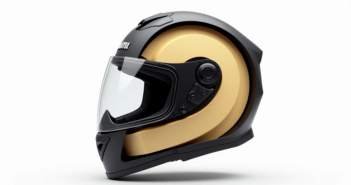 Capacete de moto aberto mostrando camadas de materiais como ABS, EPS e viseira transparente 