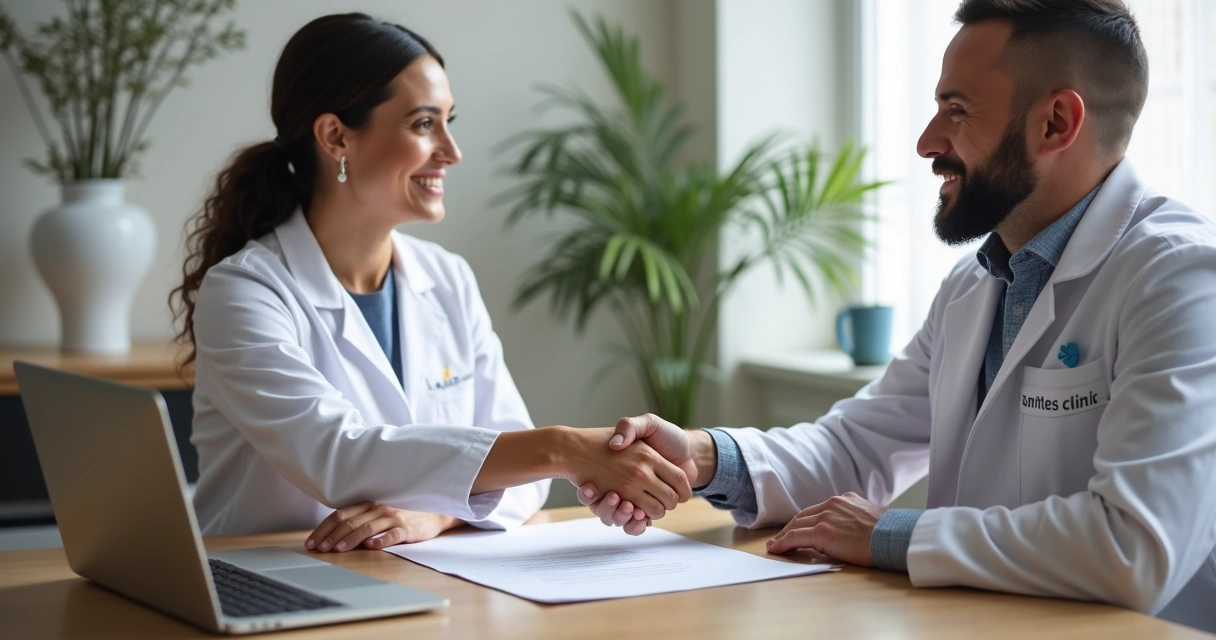 Reunião de fechamento de contrato entre agência de marketing e clínica odontológica 