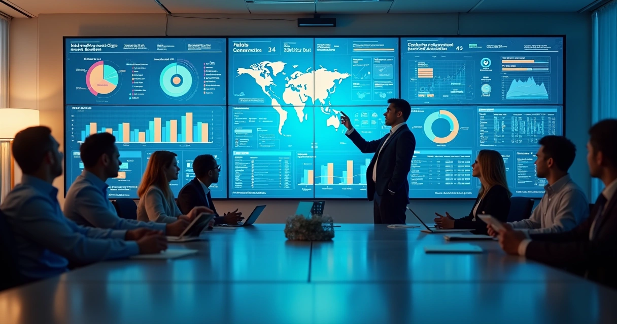 Dashboard gigante mostrando integração de resultados de vários setores em grande sala de reunião 