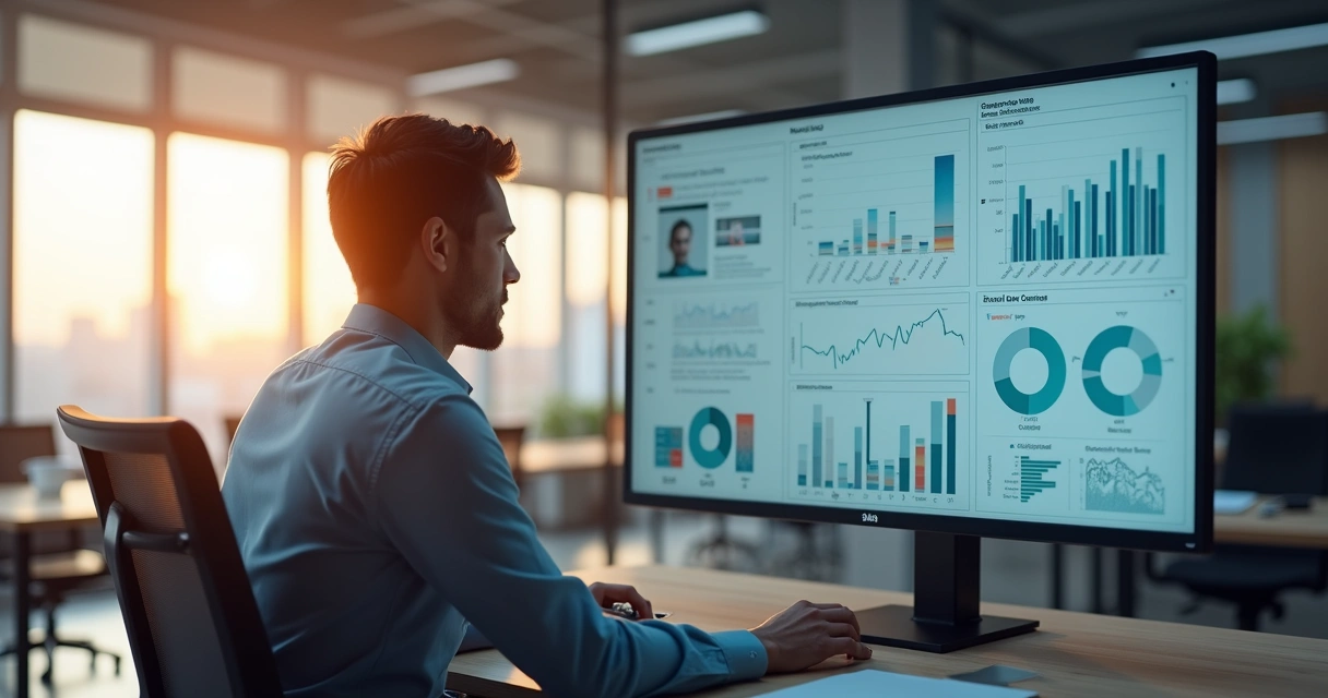 Profissional usando dashboard de enriquecimento de dados em empresa de construção 