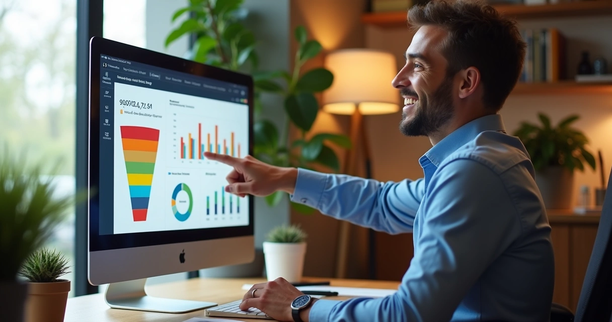 Contador satisfeito analisando gráficos de vendas 