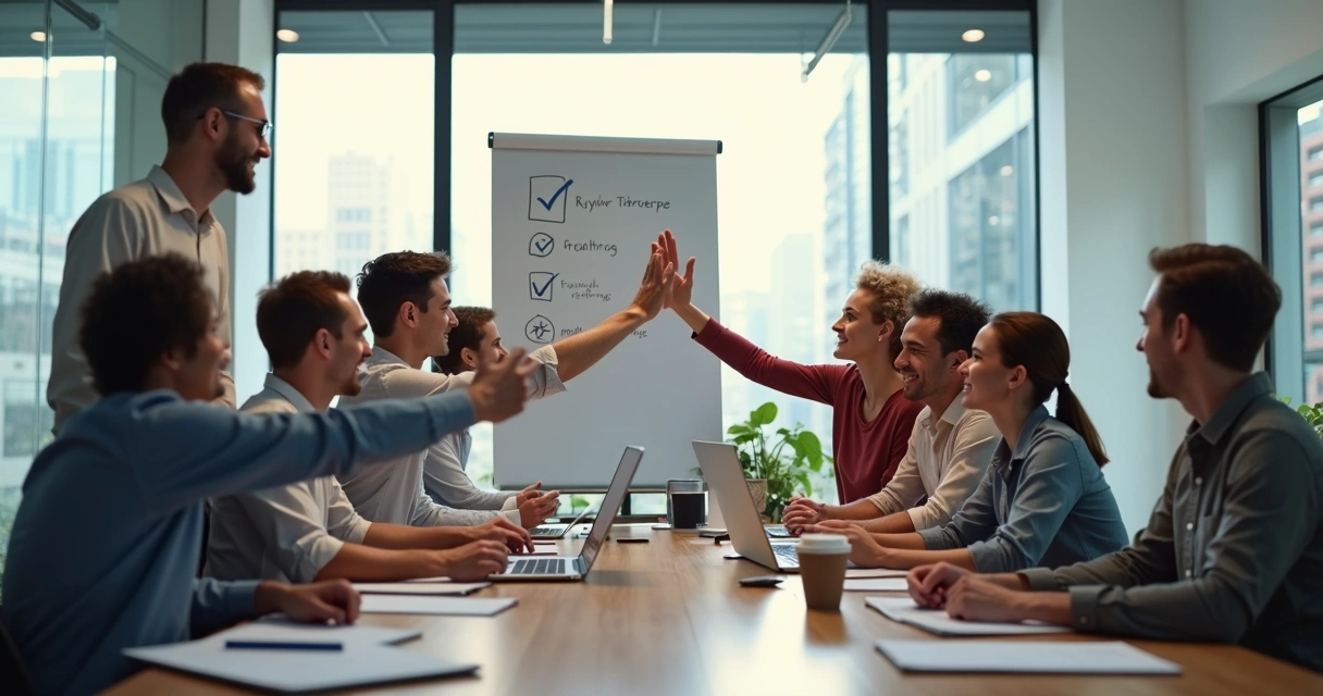 Pequena equipe de TI celebrando sucesso no escritório 