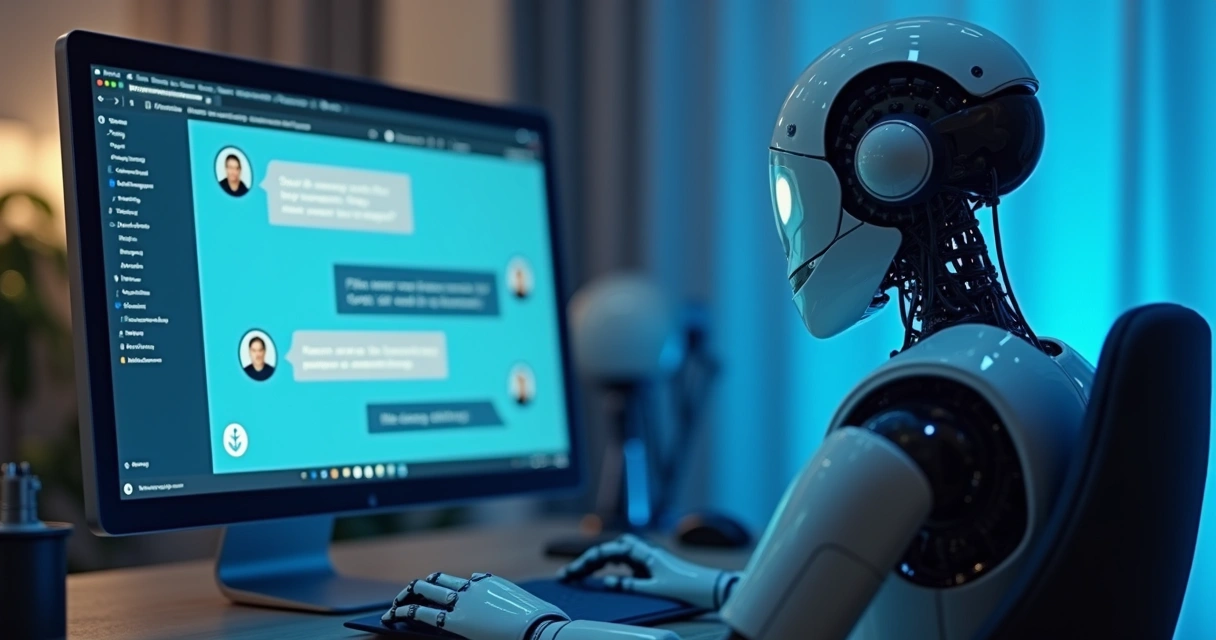 Chatbot digital ajudando um cliente em atendimento online em tela de computador 