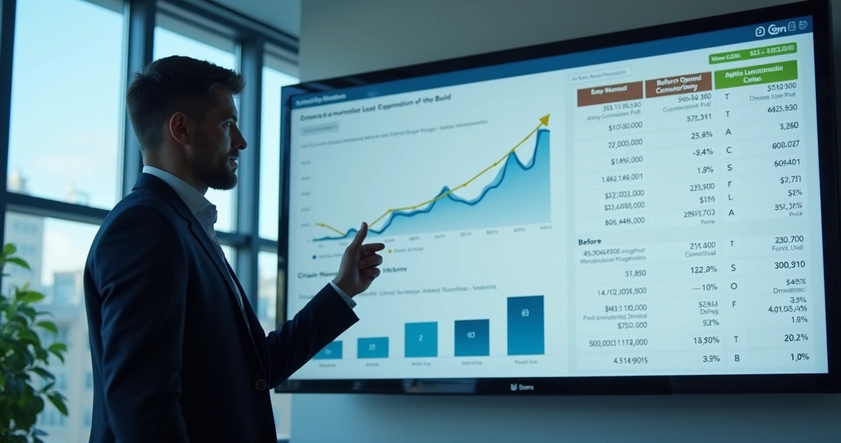 Executivo apontando dados de sucesso em vendas B2B 