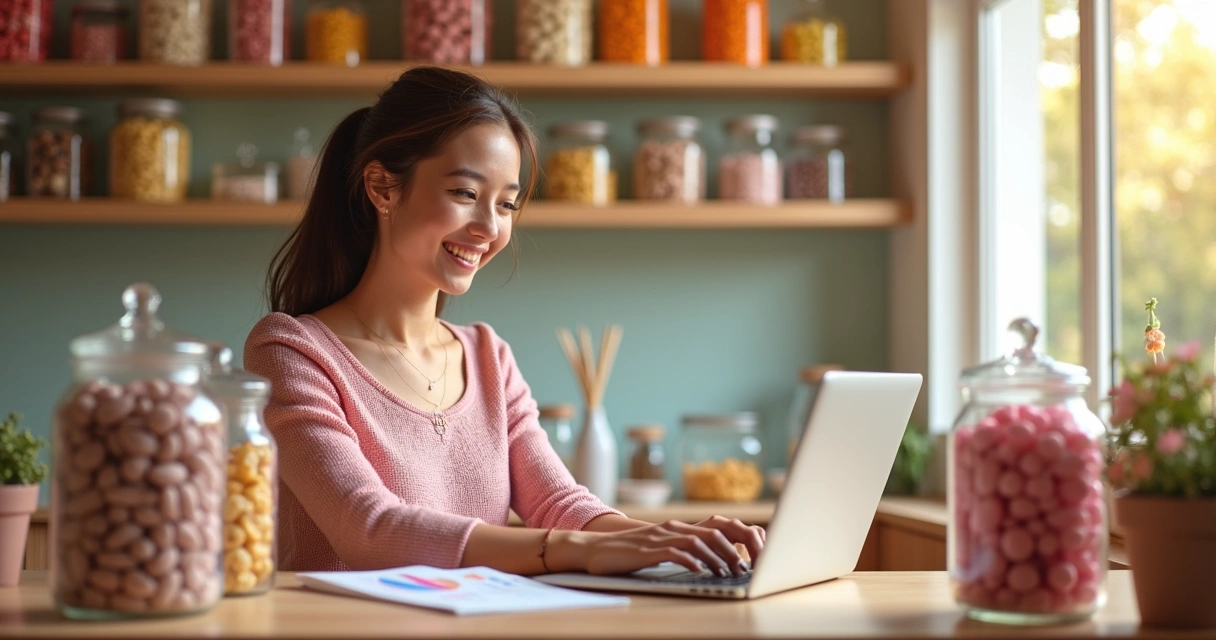 Pequena loja de doces com dona analisando gráficos de crescimento no computador 