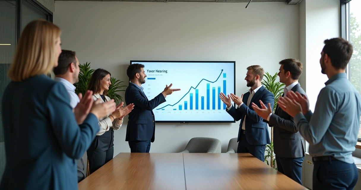 Pequena empresa comemorando resultados em reunião, gráfico de crescimento ao fundo