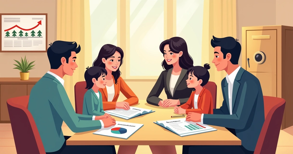 Família planejando sucessão e proteção patrimonial com consultor 