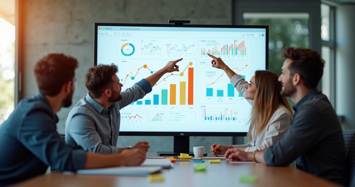 Equipe discutindo gráficos de crescimento de SEO após testes práticos