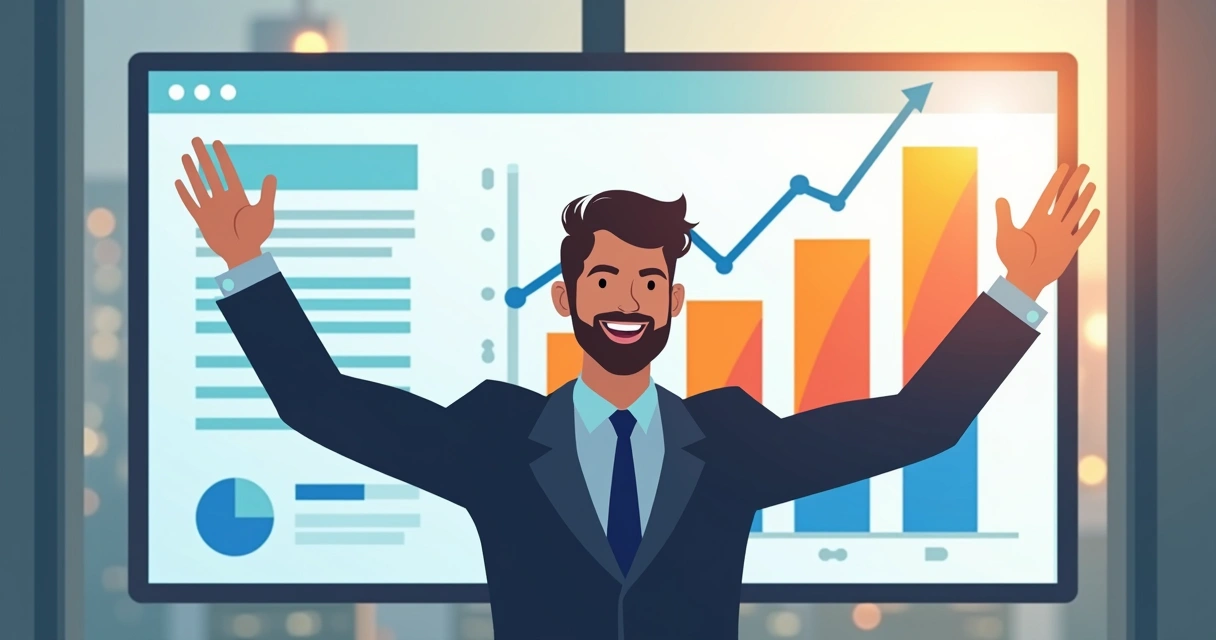 Empresário comemorando crescimento com builder de páginas 