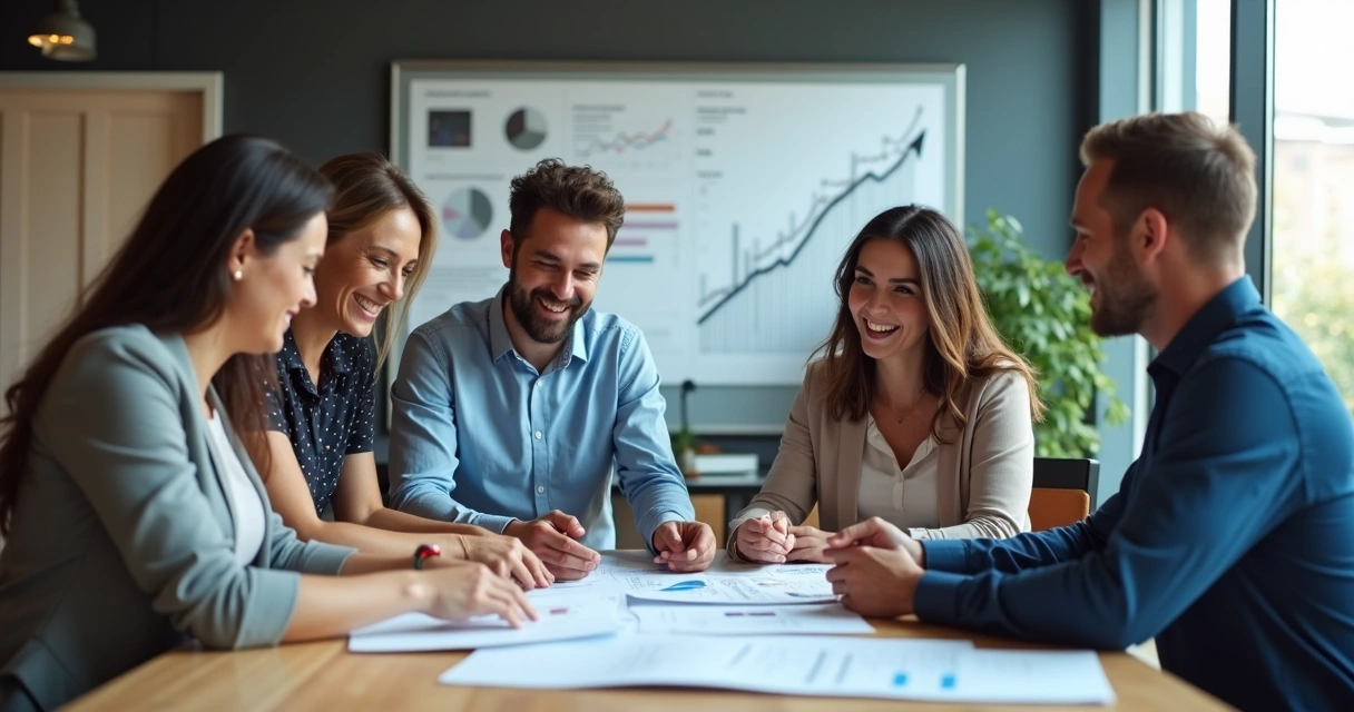 Equipe sorrindo reunida analisando relatórios de vendas com gráficos positivos. 