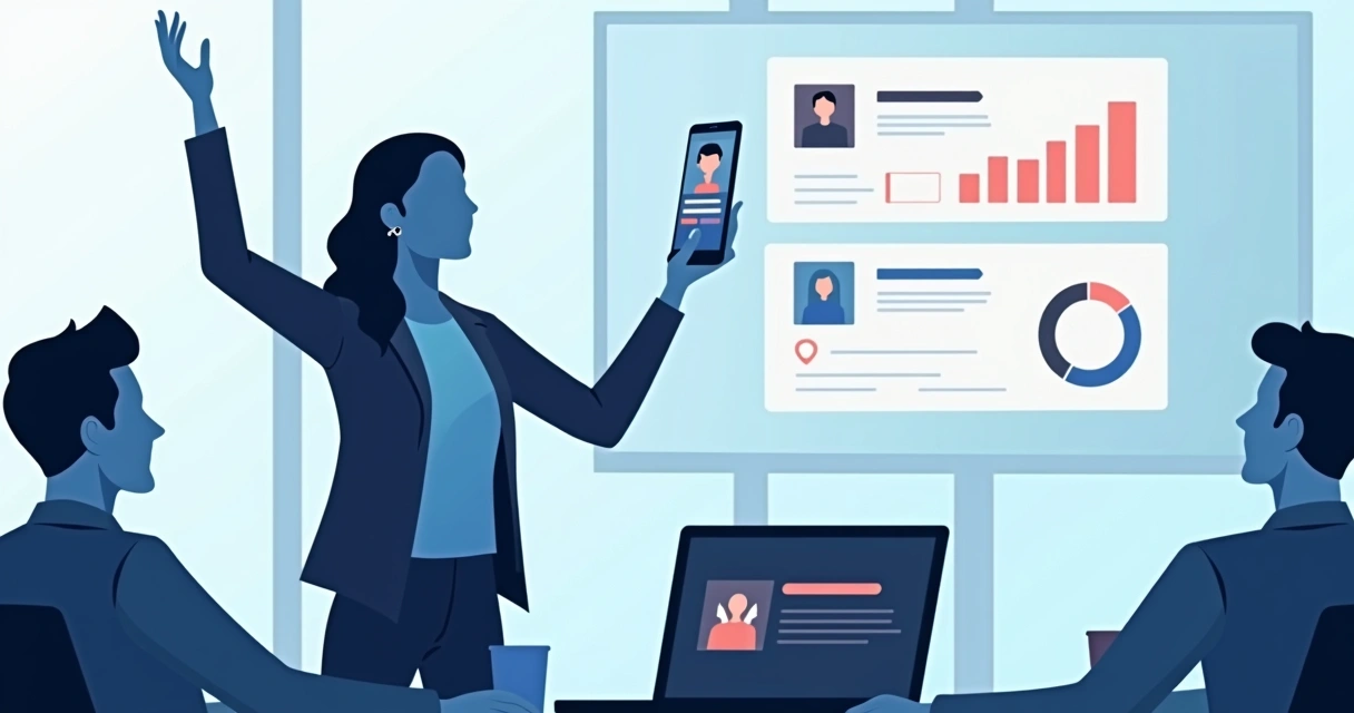 Cliente satisfeito após atendimento resolvido por chatbot em ambiente corporativo