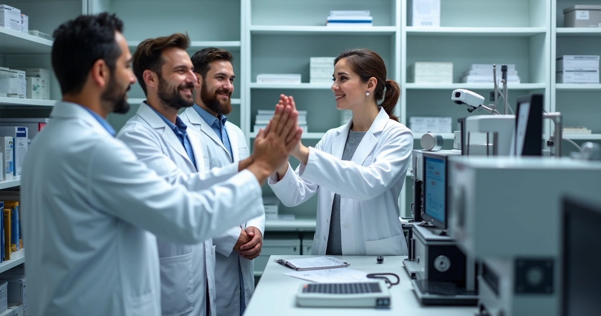 Equipe de laboratório de metrologia comemorando após capacitação