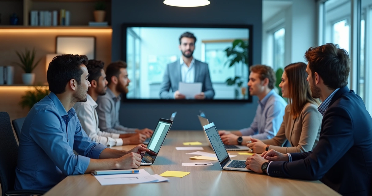 Equipe reunida assistindo treinamento online em escritório 