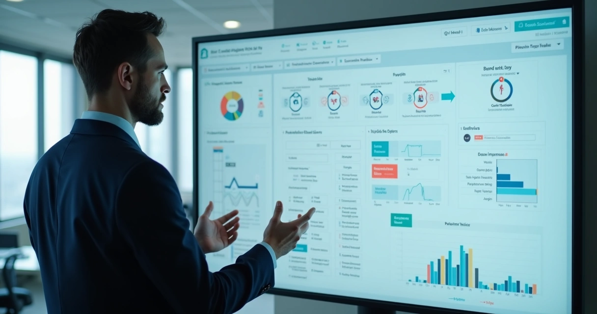 Gestor de hospital analisando dados em painel digital de automação 