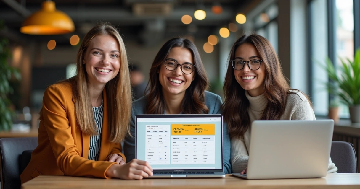 Três pessoas sorrindo segurando seus notebooks com dashboards de afiliados mostrando comissões recebidas 