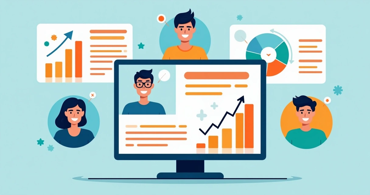 Apresentação visual de cases de clientes satisfeitos com gráficos de sucesso