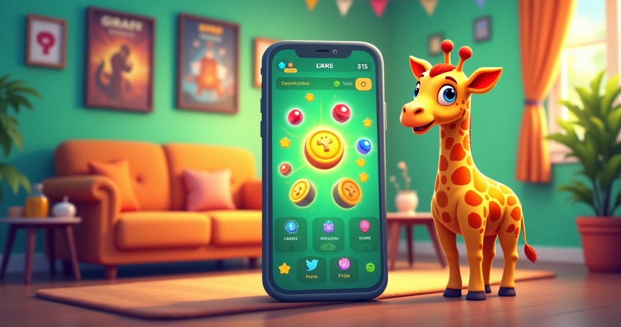 A smartphone displaying the Cash Giraff app in a colorful living room setup, showcasing game icons and points.