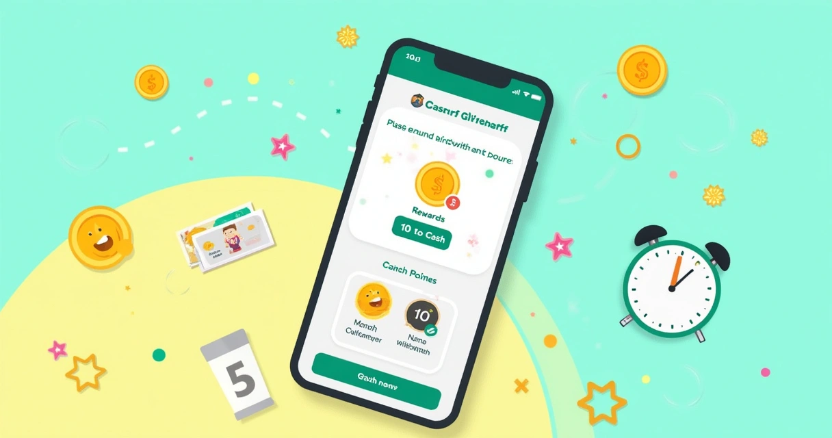 Smartphone with the Cash Giraff app showing rewards section, colorful graphics of points and cash.
