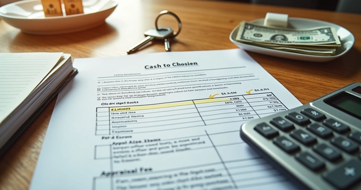 Closing table with cash to close documents and calculator 