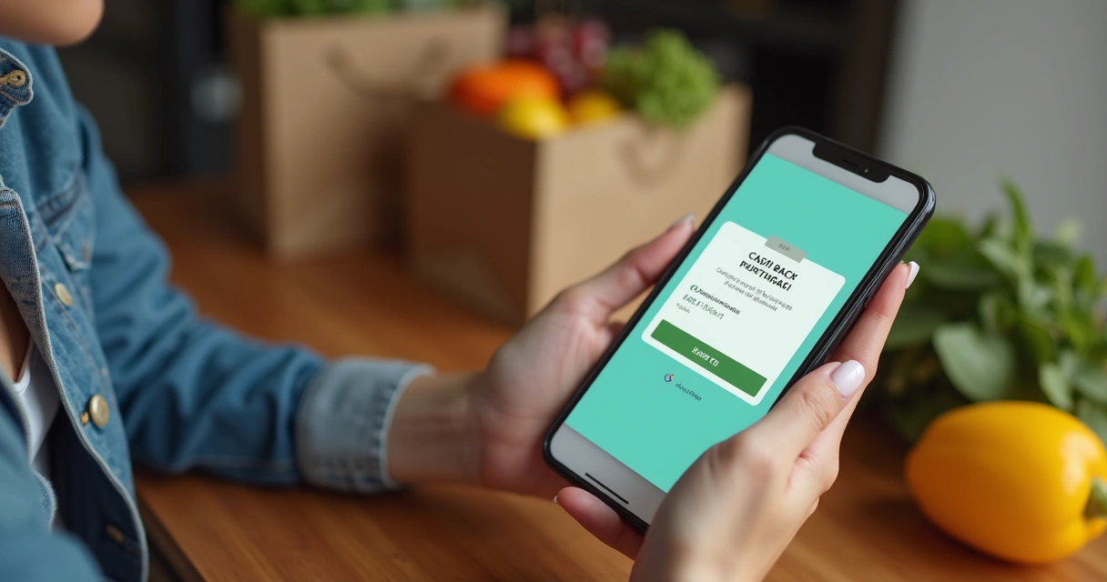 Mulher feliz recebendo cashback em compra online