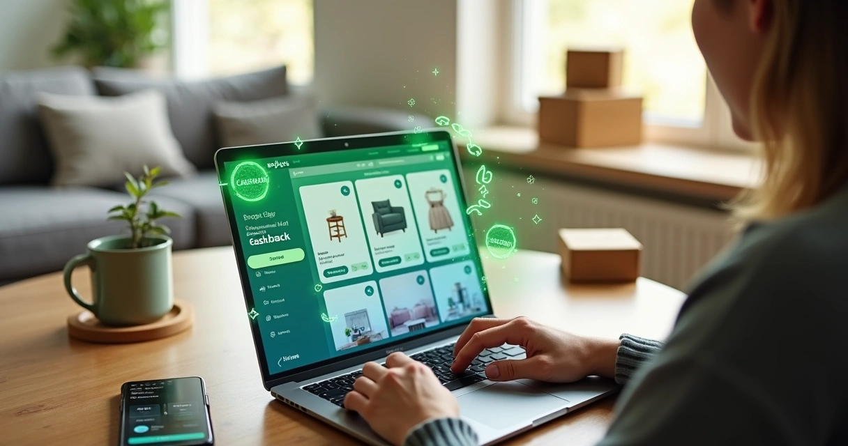 Pessoa usando notebook e celular com símbolos de cashback em compras online 