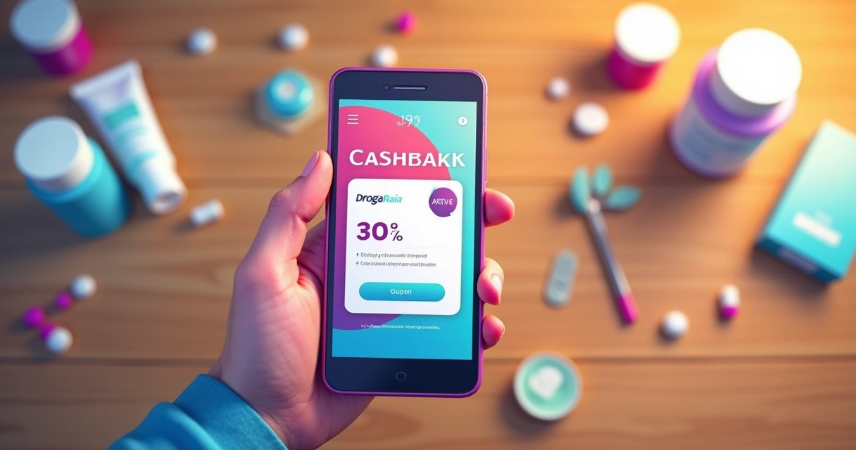 Pessoa segurando celular exibindo app de descontos e caixa de remédios ao fundo 