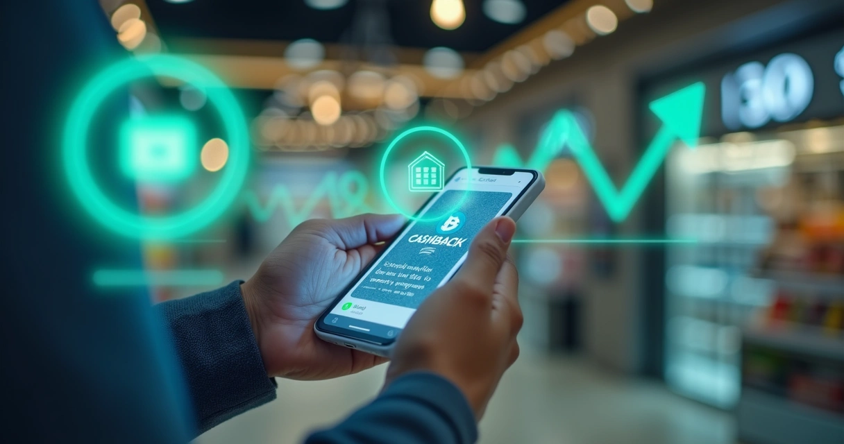 Pessoa recebendo devolução de impostos pelo celular com gráficos ao fundo 