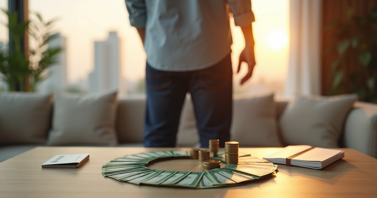 Brasileiro observa ciclo de notas e moedas formando círculo de cashback 