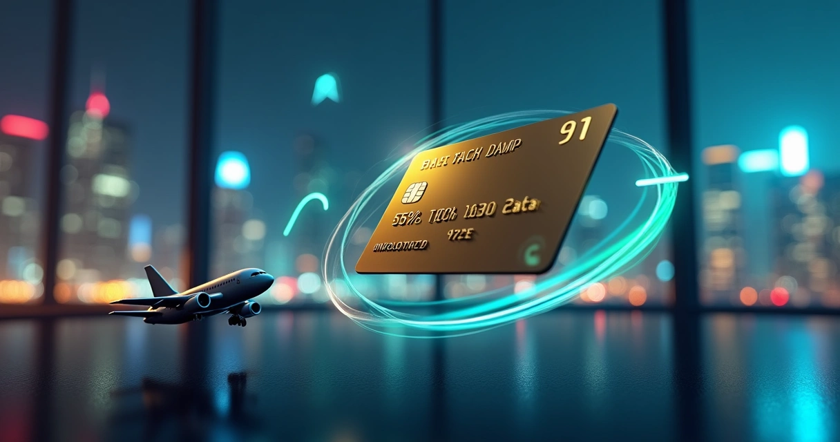 Cartão de crédito dourado girando com avião e símbolo de cashback em cenário urbano noturno 
