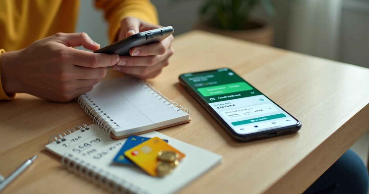 Pessoa organizando cashback e pontos no celular com cartão e moedas na mesa 