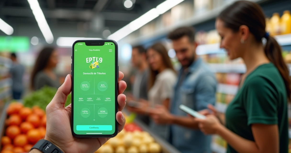 Conceito de cashback tributário com consumidor brasileiro recebendo devolução de impostos 