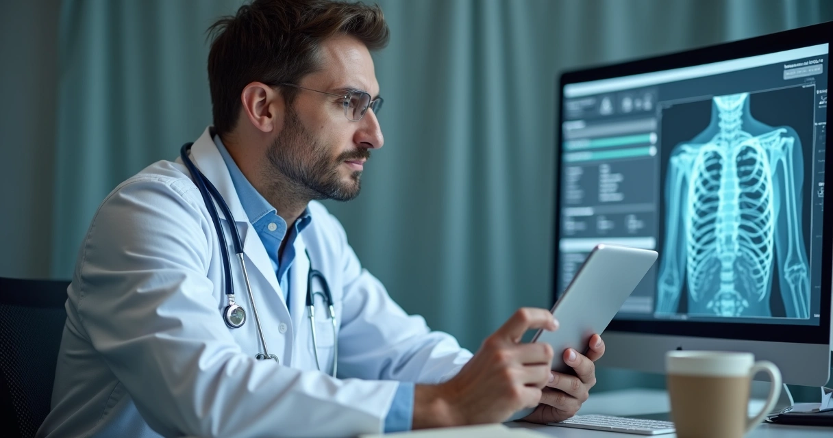 Profissional de saúde consultando IA para diagnóstico em dispositivo digital 