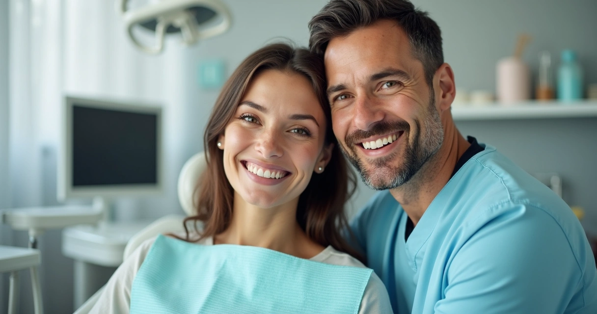 Paciente sorrindo com dentista ao lado no consultório 