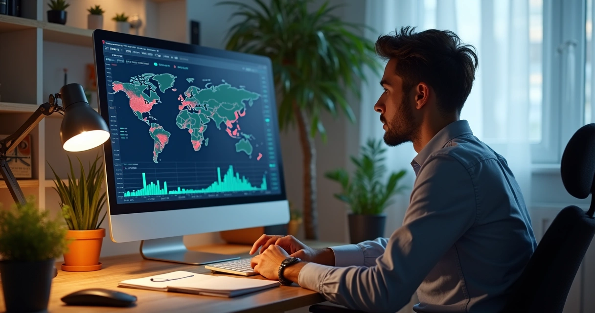 Investidor iniciante analisando gráficos de investimentos globais 