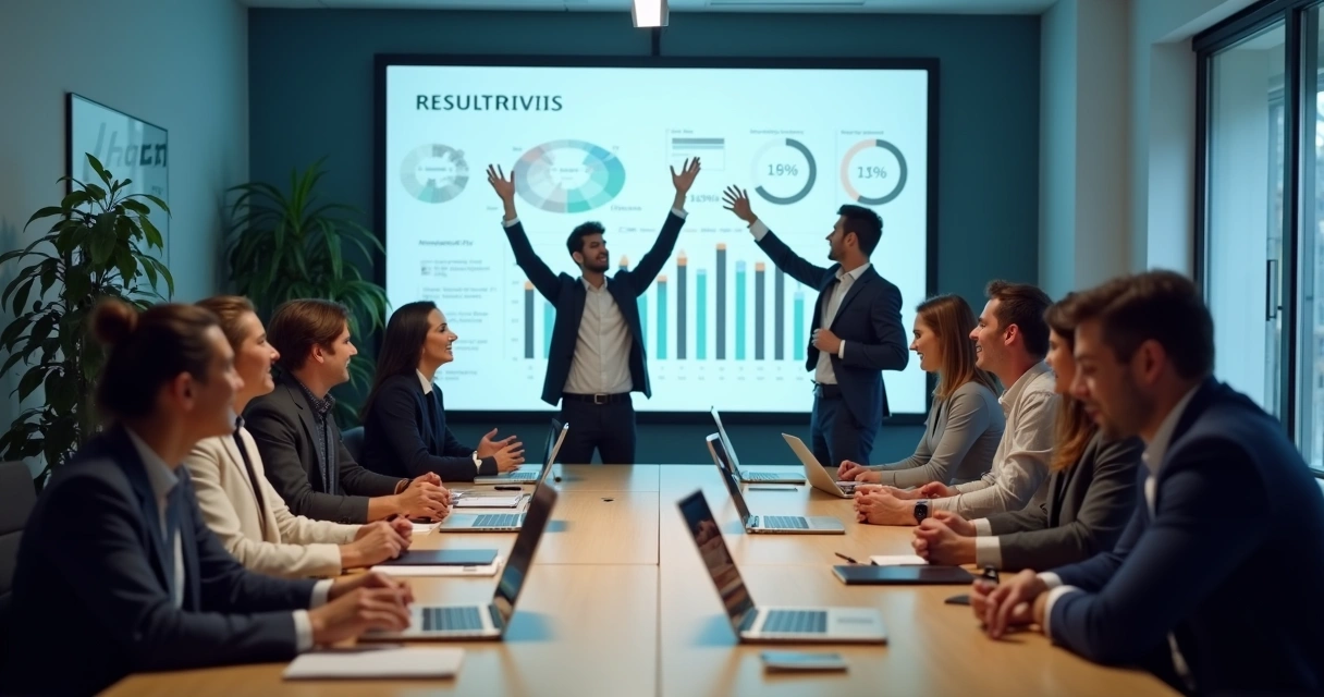 Equipe reunida celebrando acerto de modelo de crédito baseado em análise de dados 