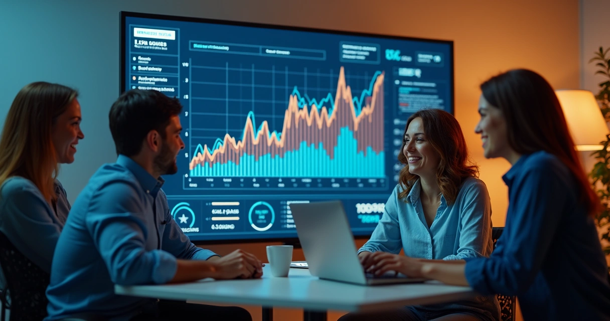 Equipe empresarial reunida em frente a painel digital de dados 