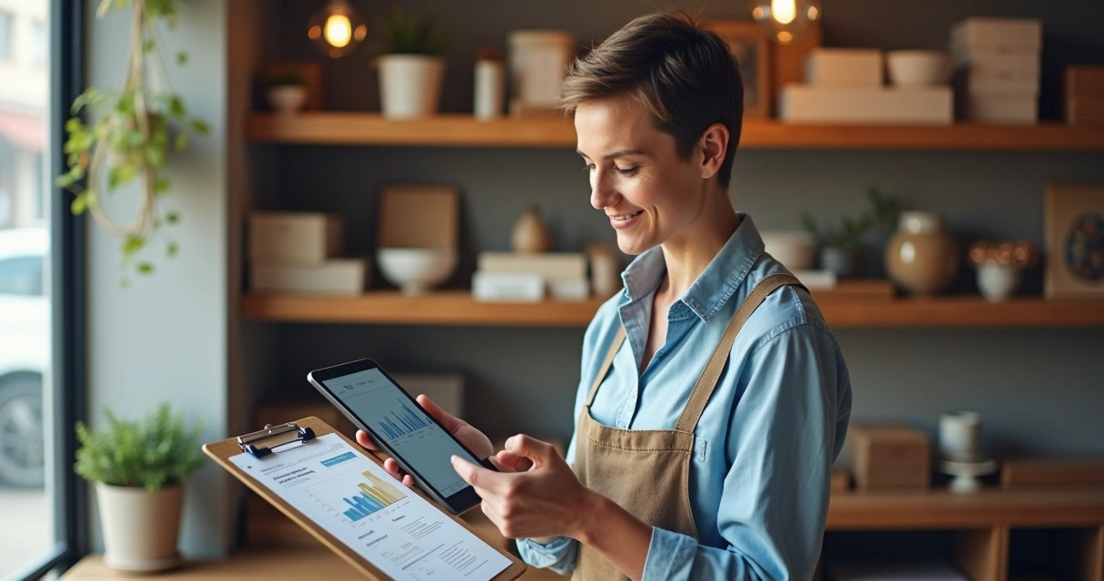 Microempresa com tablet analisando dados de clientes em loja física 