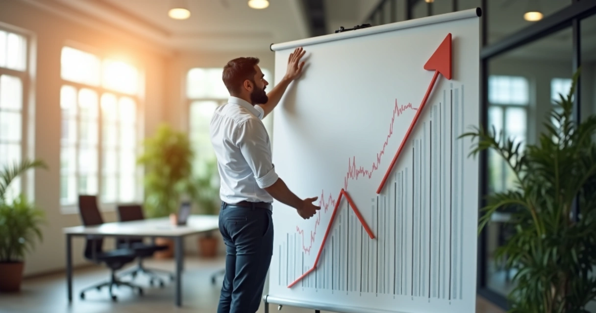Empresário sorridente mostrando gráfico de crescimento financeiro 