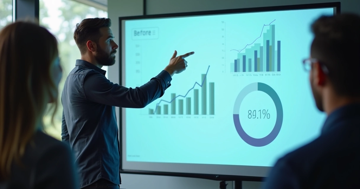 Empresário mostrando resultado prático em tela para cliente 