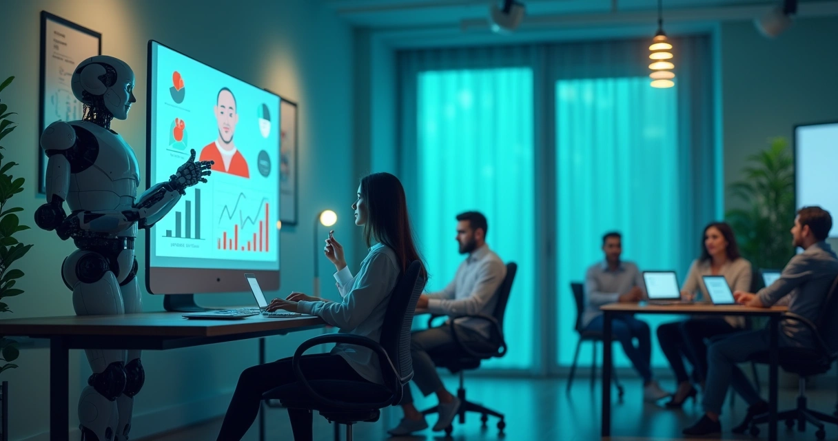 Ambiente de escritório moderno com chatbot, gráficos de vendas, e equipe discutindo estratégias inovadoras.