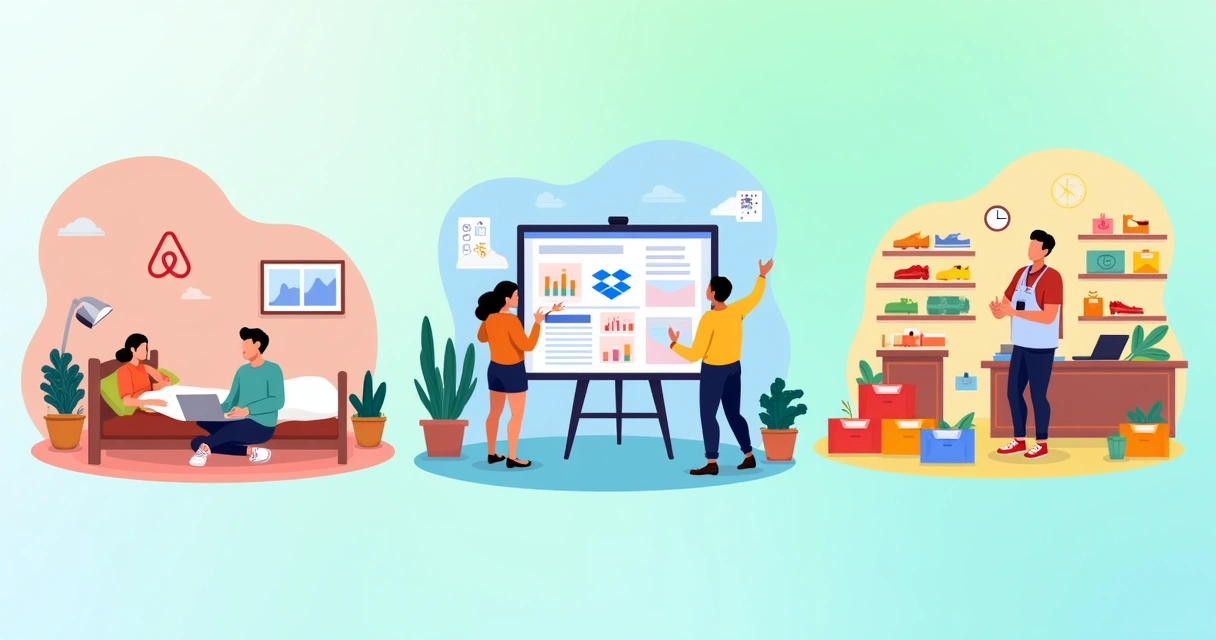 Ilustração com três cenários mostrando estudos de caso de MVP: Airbnb, Dropbox e Zappos em fundo colorido.
