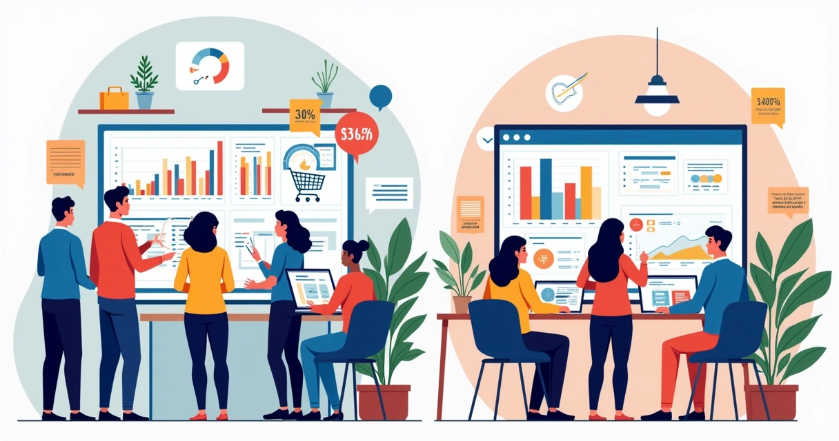 Ilustração de profissionais de varejo e finanças usando Power BI para aumentar a eficiência e reduzir custos.