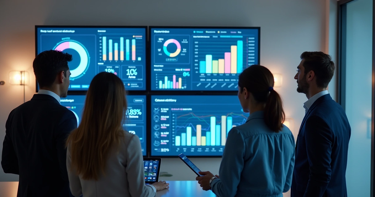 Time de negócios avaliando dashboard de IA com gráficos de vendas e operações