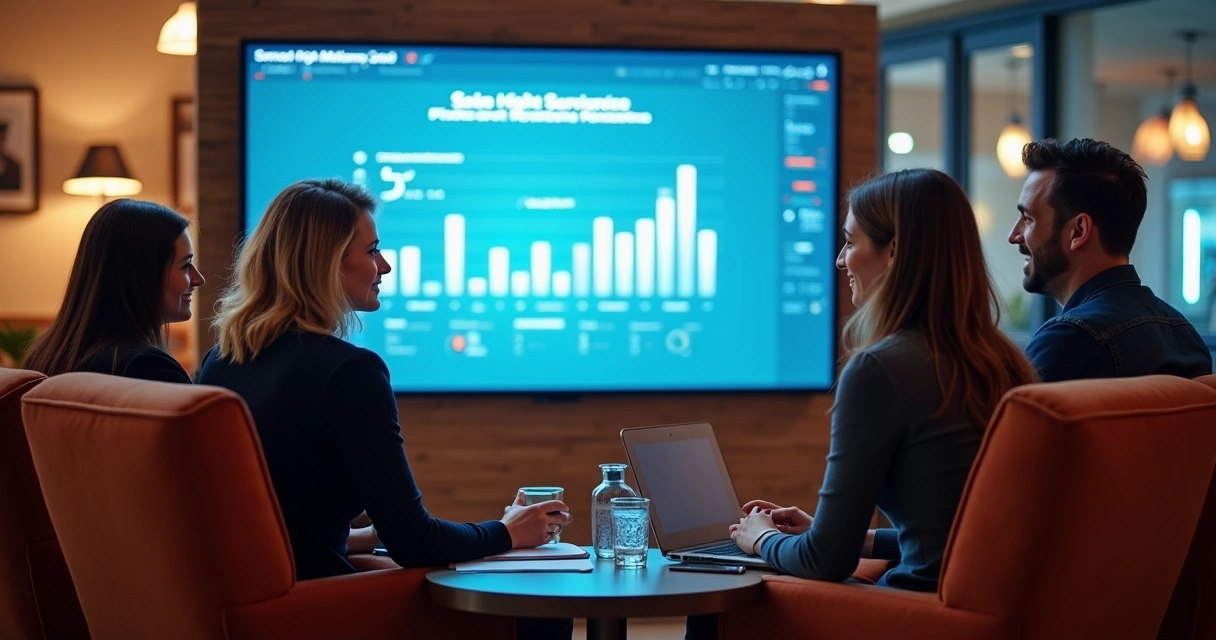 Equipe analisando casos reais de vendas com IA na tela 